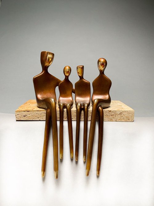 Bronze Sculpture - Family of Four in 15"  mounted on natural stone base by Yenny Cocq