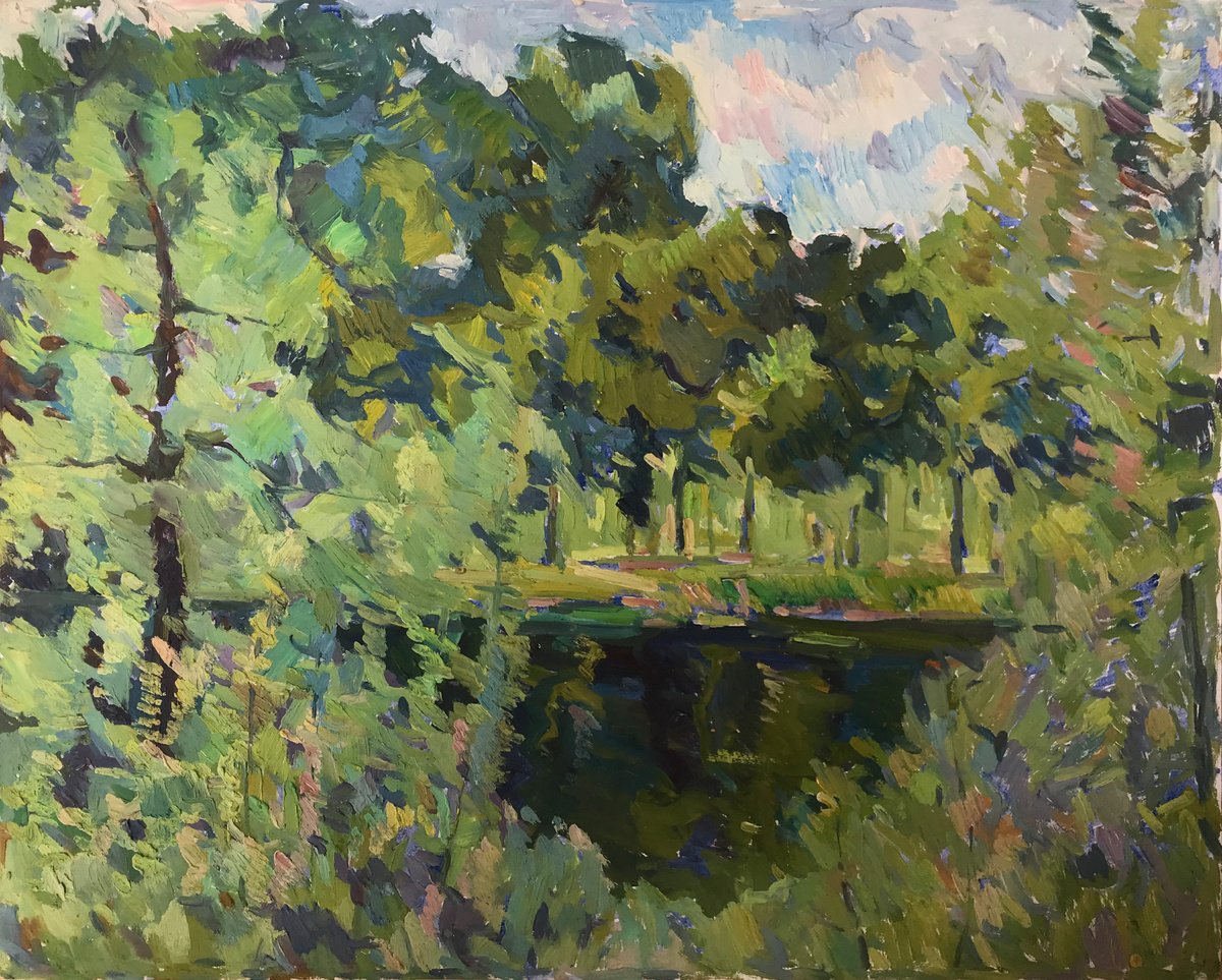 Impressionistic Landscape Oil Painting By Peter Tovpev, 21 X 17", Dense Forest, Original Artwork