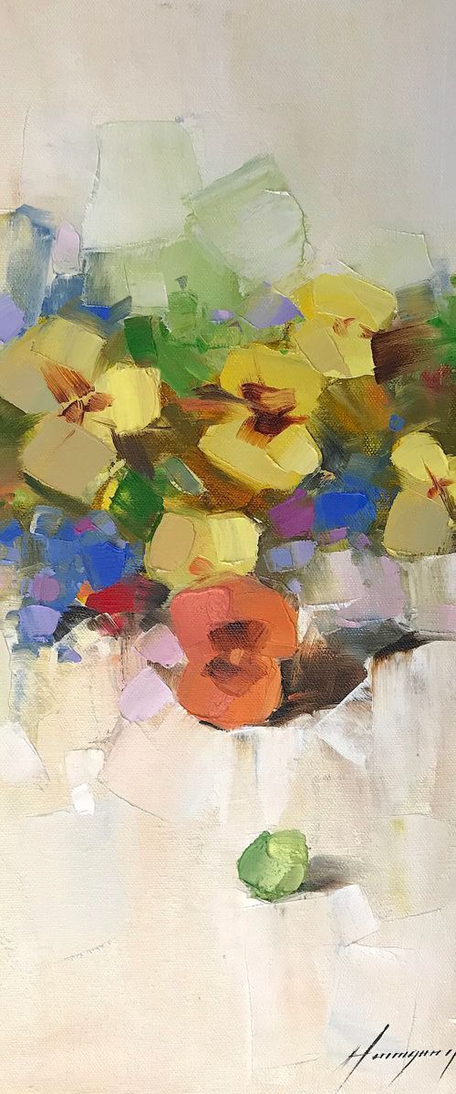 Pansies, Oil painting by Palette Knife, One of a kind, Handmade artwork by Vahe Yeremyan