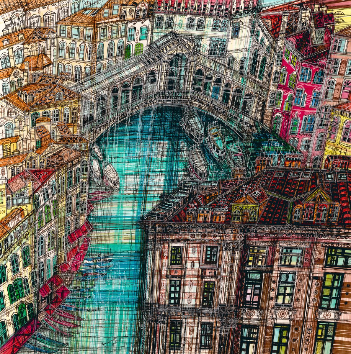 Impressionistic Cityscapes Drawing By Maria Susarenko, 33 X 33", Rialto Bridge, Original Artwork