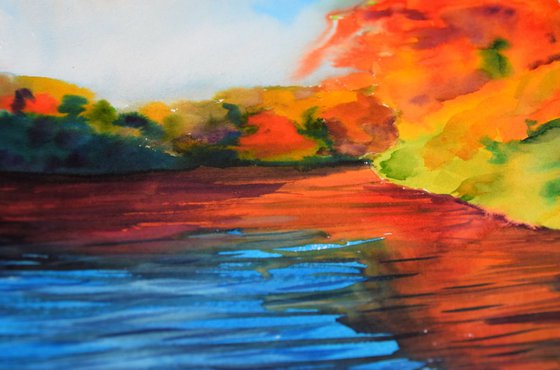 Watercolor painting Sunny autumn day near forest lake