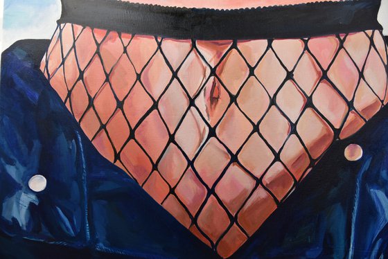 CAGE - painting on canvas woman body nude tights blue jeans freedom infinity home interior office art feminism erotic art
