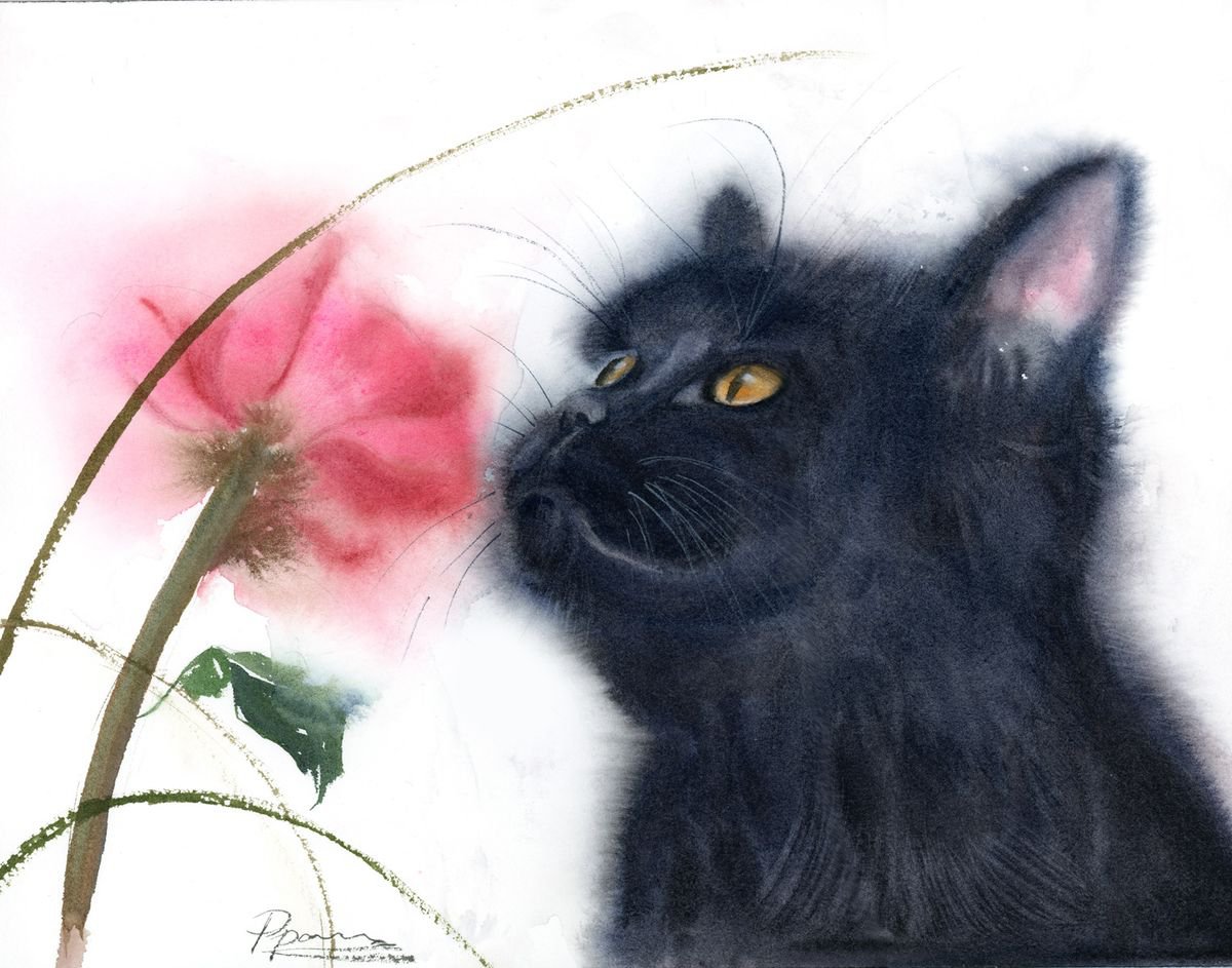 Cat with flower by Olga Shefranov (Tchefranova)