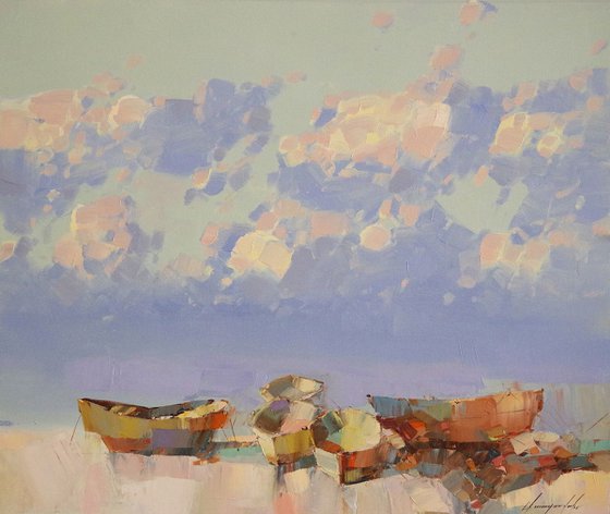 Rowboats, Seascape Original oil painting, Handmade artwork, One of a kind