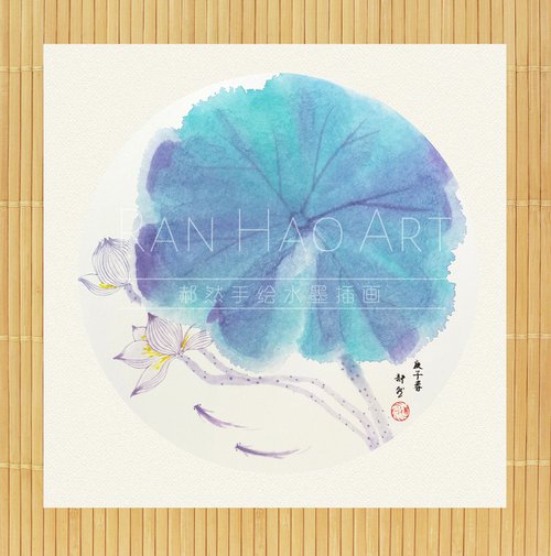 RAN ART - Chinese painting 38*38cm - Bleu Lotus leaf with flowers by RAN HAO