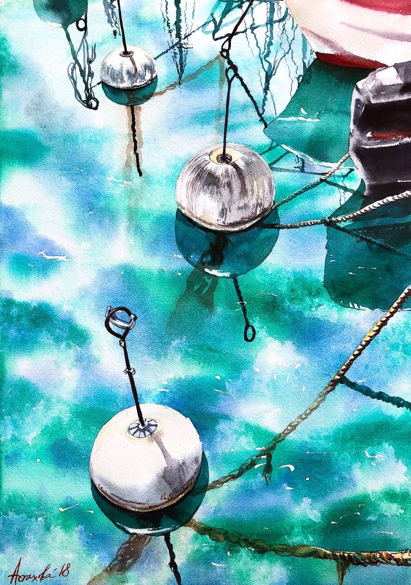 Photorealistic Landscape Watercolour By Ksenia Astakhova, 14 X 20", Buoys From Vevey, Original Artwork