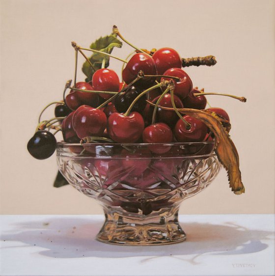 Still life with cherries , Original oil on canvas painting