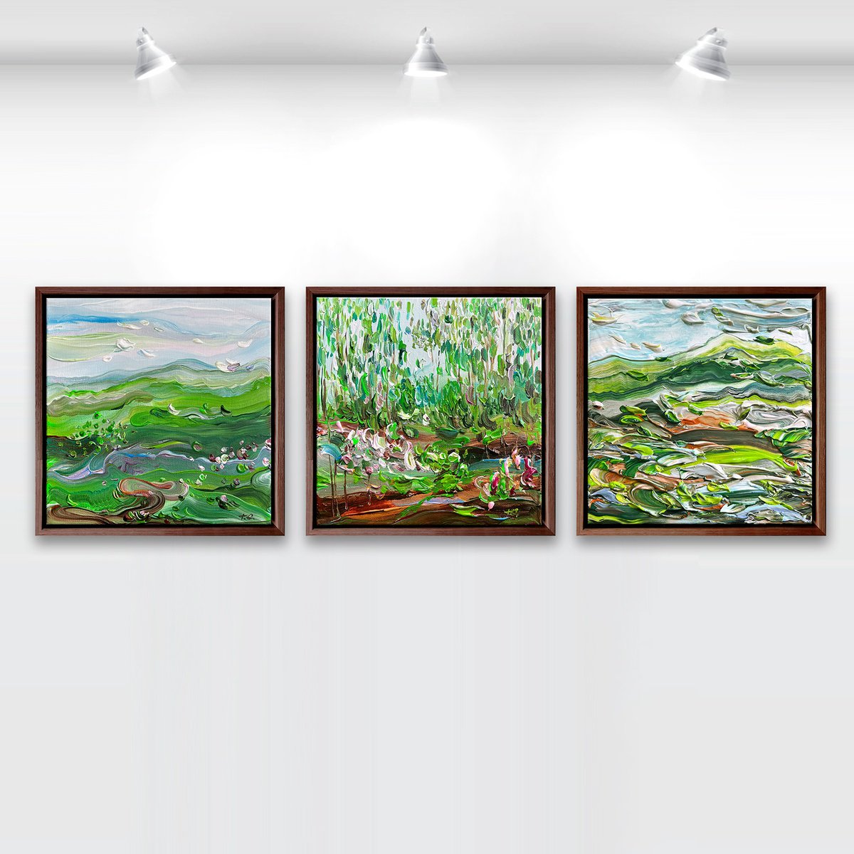 Organic Landscape Acrylic Painting By Tatiana Georgieva, 11 X 11", Windy Hills - Set Of 3, Original Artwork