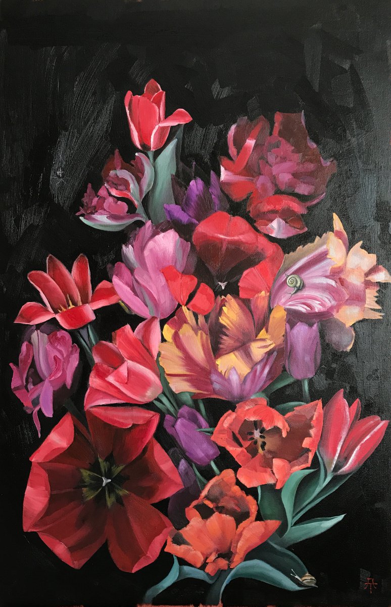 Photorealistic Botanical Oil Painting By Anastasia Terskih, 24 X 35, Tulips, Original Artwork