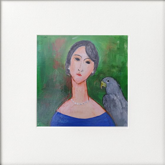 Woman Blue Dress Grey Parrot