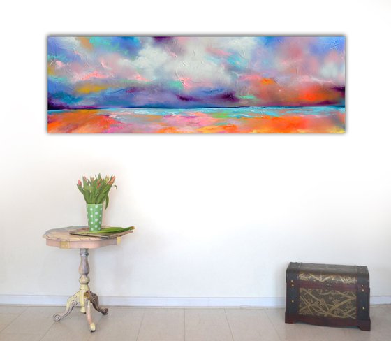 New Horizon 144 - 120x40 cm, Colourful Painting, Colourful Sunset Painting, Impressionistic Colorful Painting, Large Modern Ready to Hang Abstract Landscape, Pink Sunset, Sunrise, Ocean Shore