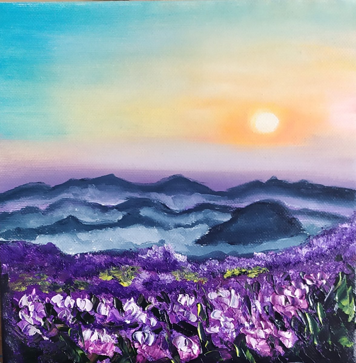 In the sky, original landscape small oil painting, sun sky flowers art by Nataliia Plakhotnyk