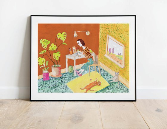 Catlover cat lady, whimsical quirky illustration watercolour