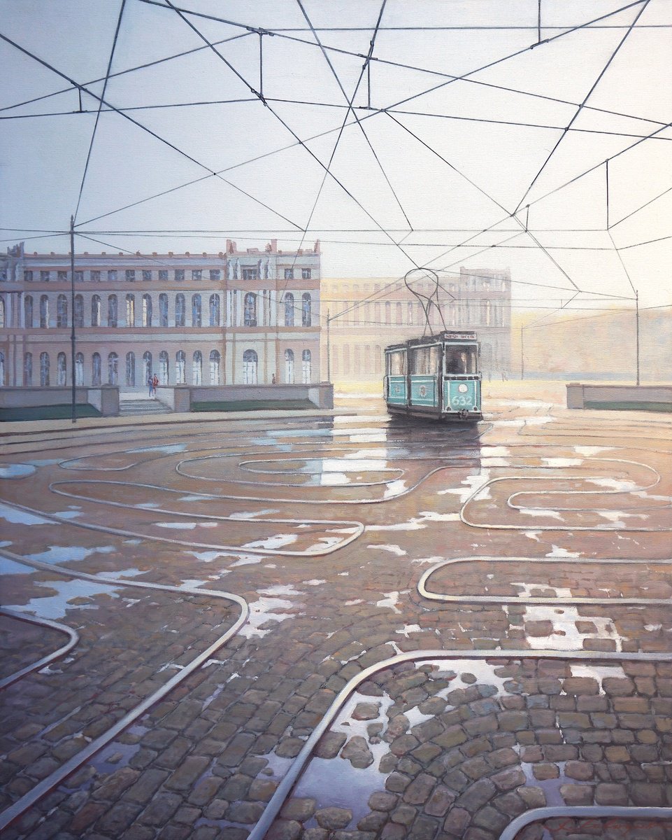 Surrealistic Cityscapes Oil Painting By Sergej Sologub, 31 X 39", Labyrinth, Original Artwork