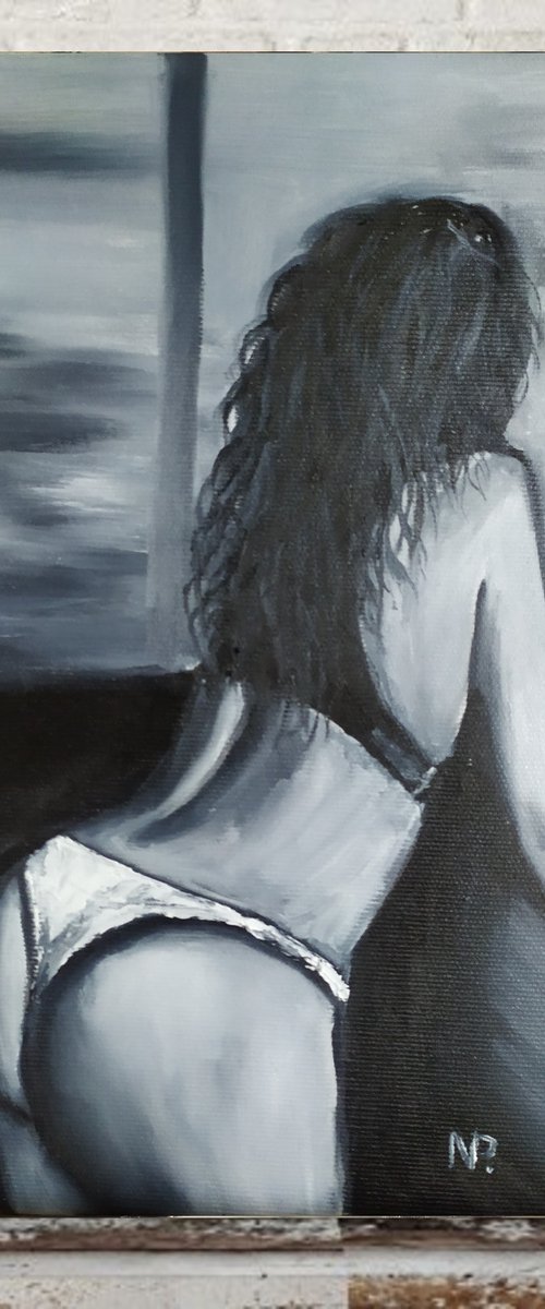 One man's dream, original nude erotic girl black and white oil painting by Nataliia Plakhotnyk