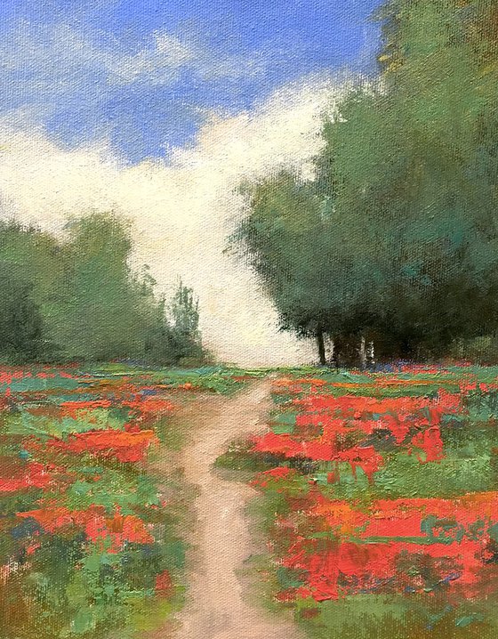 Red Poppy Field Summer, flower field impressionist landscape oil painting