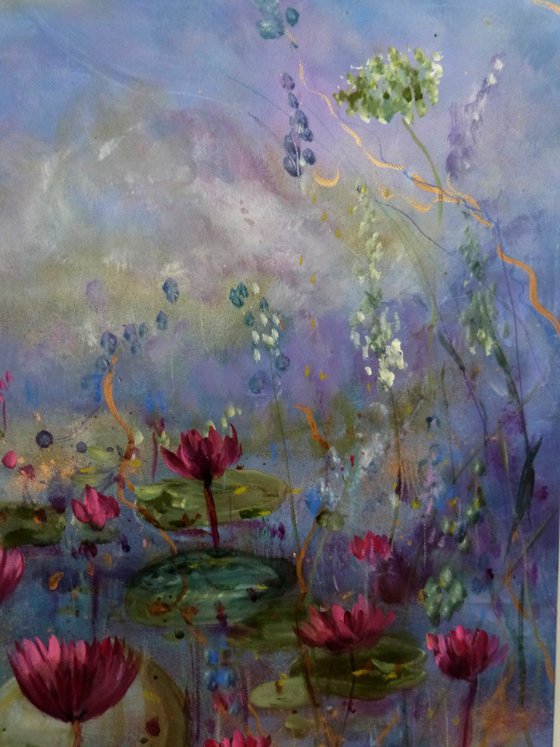 The sacred blooms 70 x70 cm. Impressionist landscape with water lilies