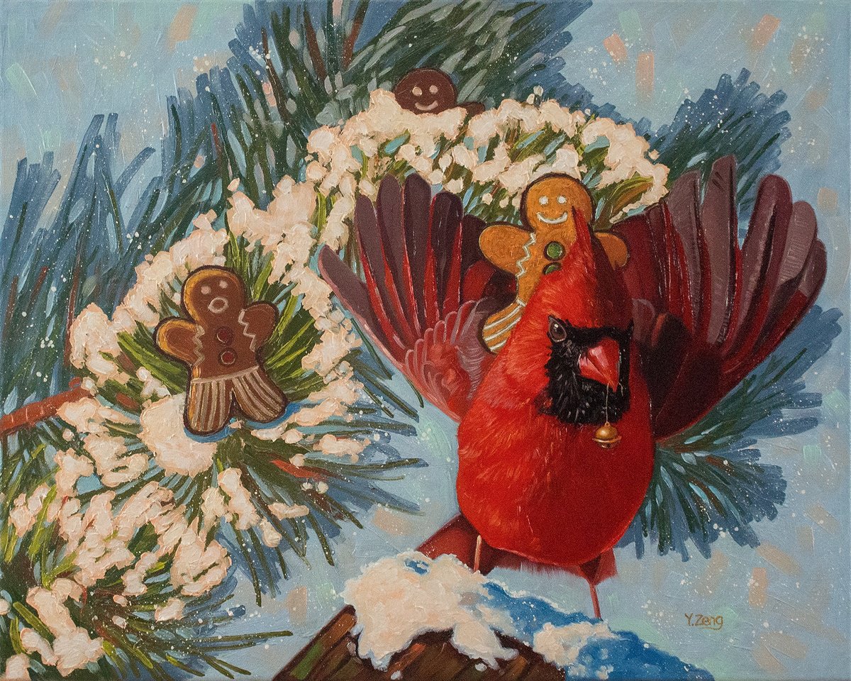 Surrealistic Animal Oil Painting By Yue Zeng, 20 X 16", Cardinal Ride, Original Artwork