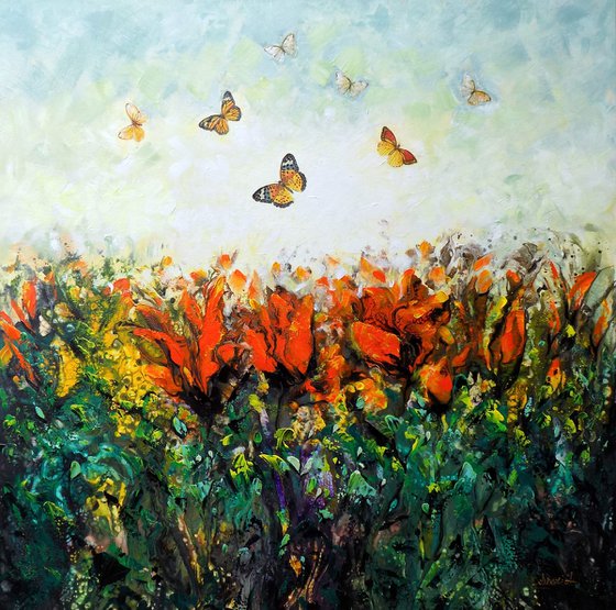 Red flowers and butterflies