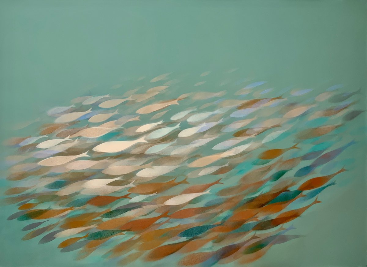 Abstract Landscape Acrylic Painting By Malgorzata Krakowiak, 55 X 39", Fish N* 185, Original Artwork