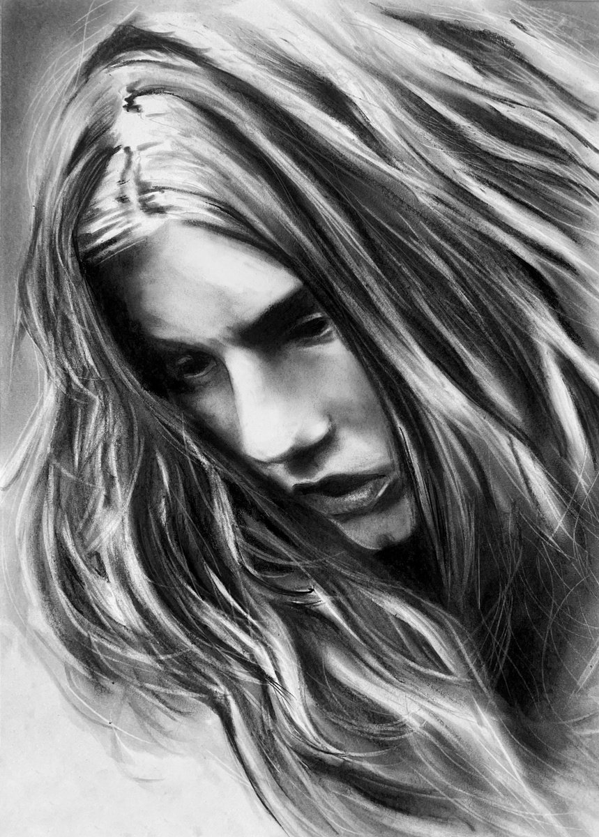 Photorealistic Portrait Charcoal Drawing By Denny Stoekenbroek, 12 X 17, My Favourite Darkness, Original Artwork