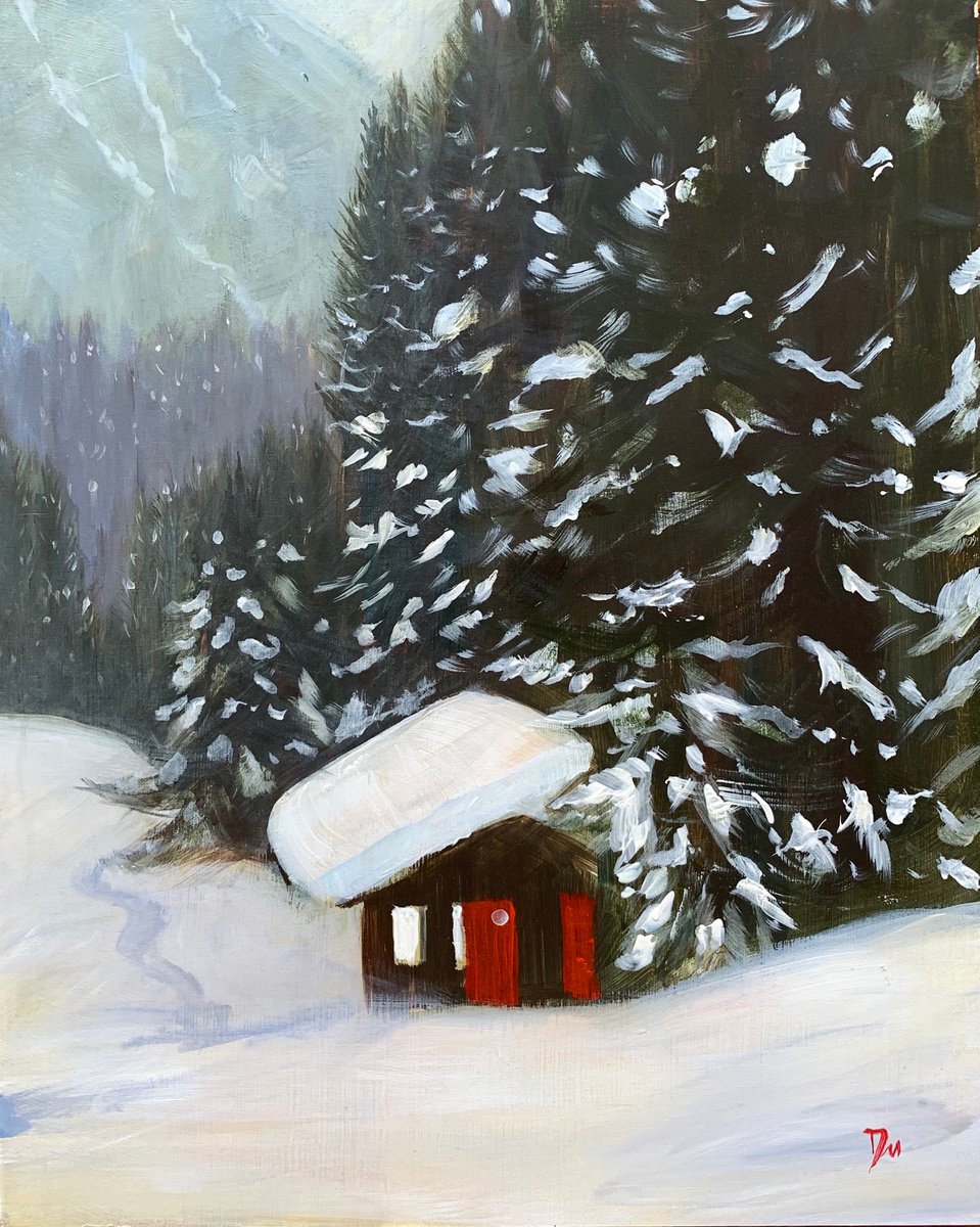 Cottage in snow by Shelly Du