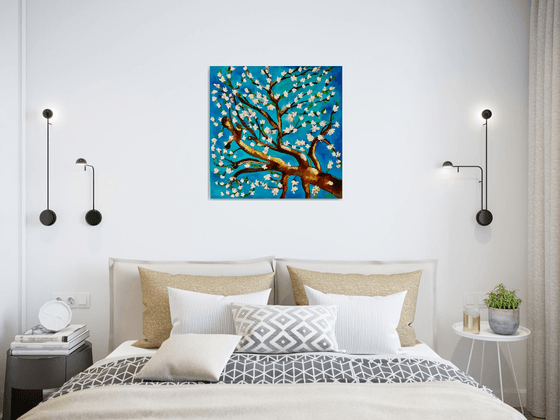 Almond blossom on turquoise inspired by Vincent Van Gogh oil painting ready to hang