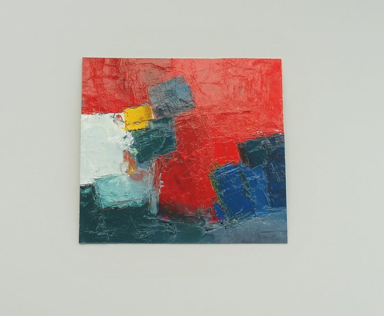 COAST RED SUNSET, BLUE CLIFFS. Original Abstract Landscape Oil Painting. Varnished.