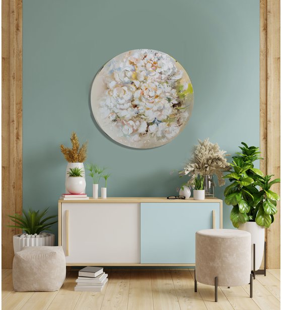 White peonies on round canvas, White flowers painting