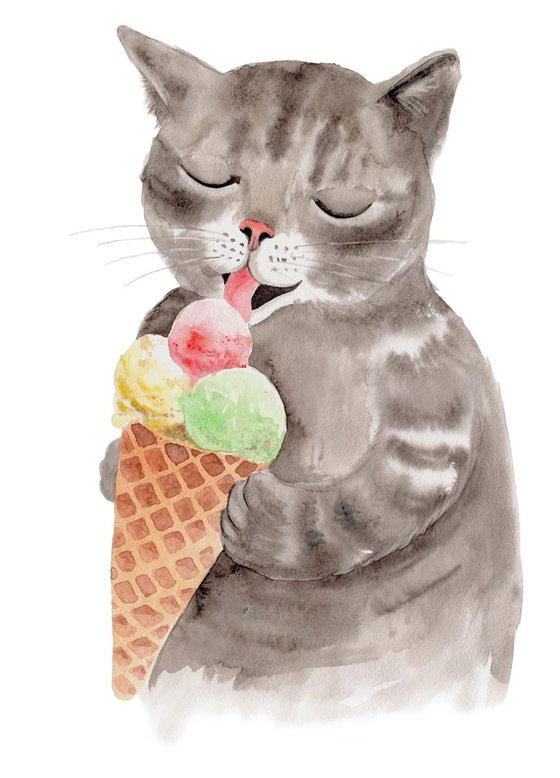 Cute Kitten Eating Ice Cream