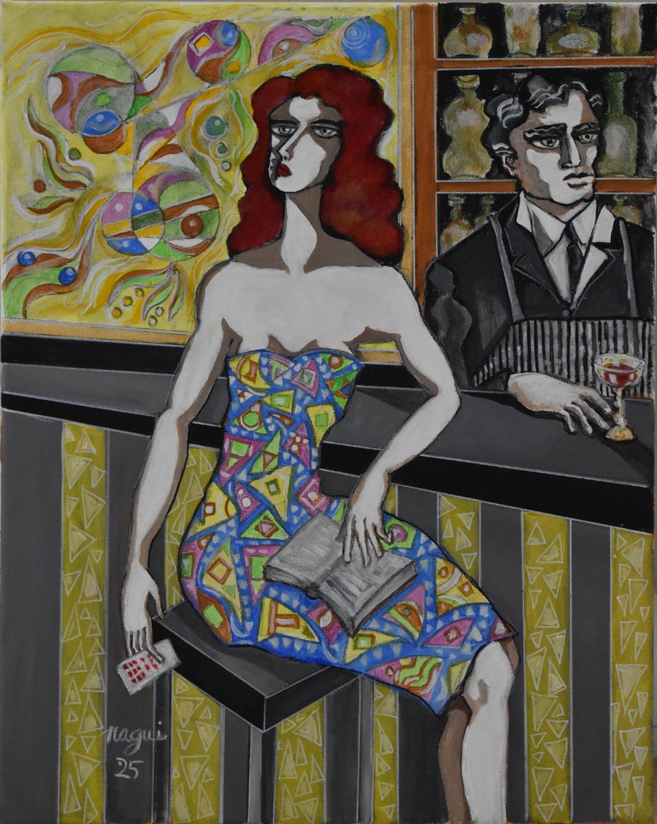 Expressive Portrait Acrylic Painting By Nagui, 16 X 20", The Ticket, Original Artwork