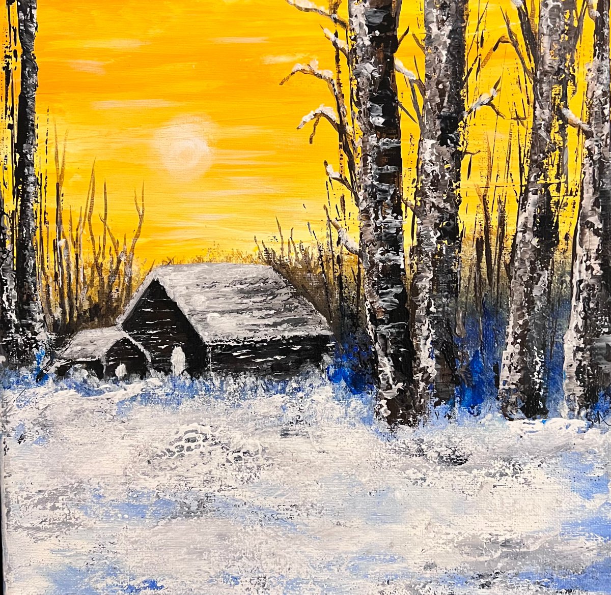 Impressionistic Landscape Acrylic Painting By Carolyn Shoemaker (Soma), 12 X 12, Sunset Cabin, Original Artwork
