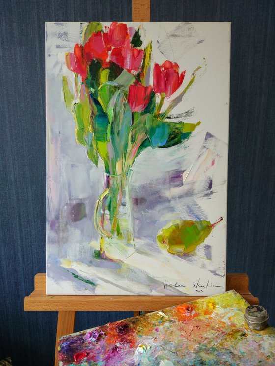 Tulips on white . Bouquet a la prima . Original oil painting