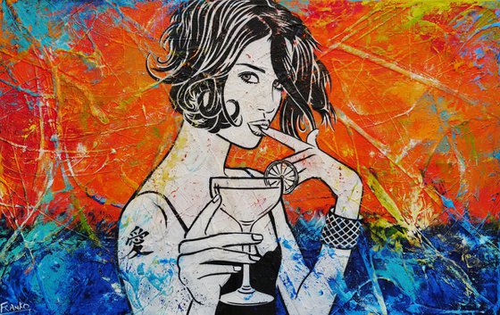 Orange Cocktails at Sunset 160cm x 100cm Orange Cocktail Girl Urban Pop Art