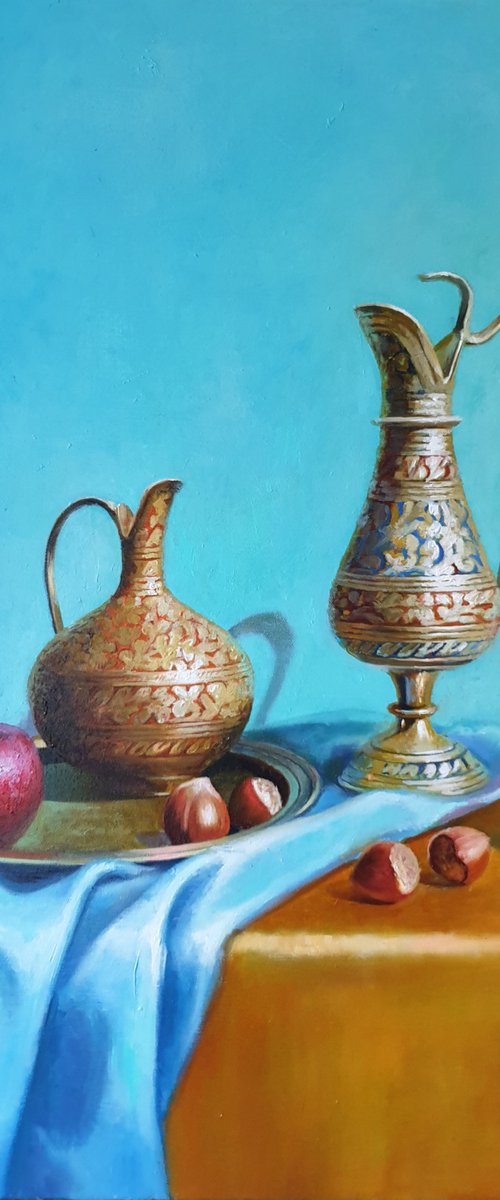 "A leisurely morning visiting Bahar. "   still life plums hazelnut  liGHt original painting PALETTE KNIFE  GIFT (2021) by Anna Bessonova (Kotelnik)