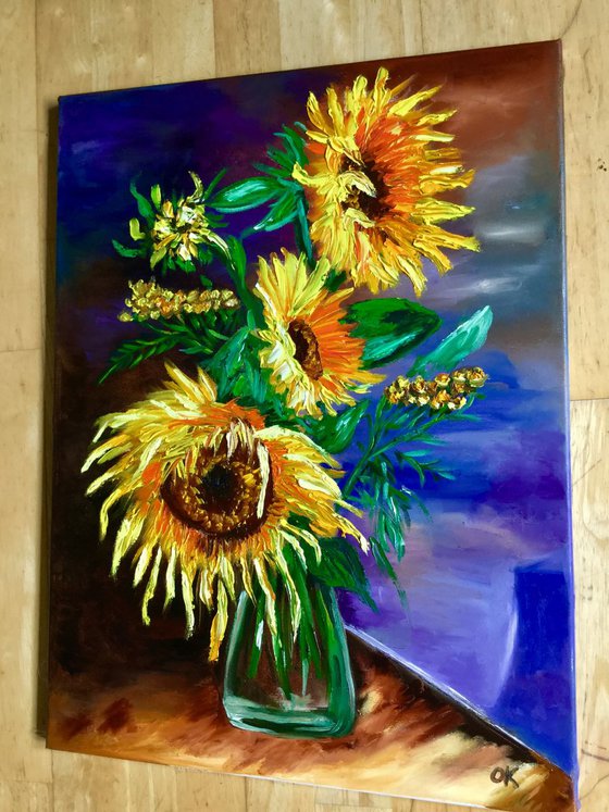 BOUQUET OF SUNFLOWERS SALE.  inspired by VINCENT VAN GOGH . palette knife modern  oil still life painting on blue purple pink yellow Dutch style office home decor gift