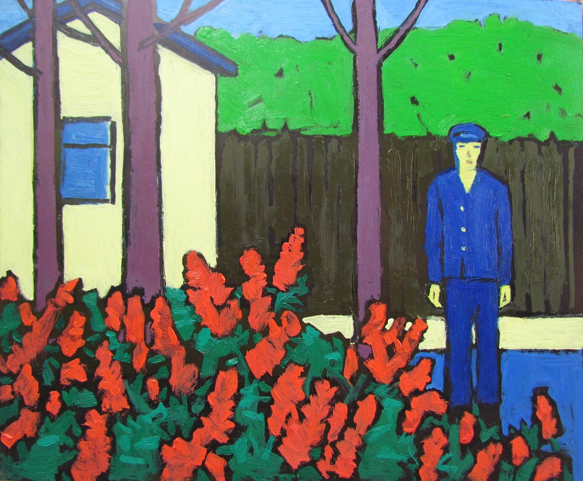 Naive Portrait Oil Painting By Viktoriia Pidvarchan, 9 X 7", Man In Red Flowers, Original Artwork