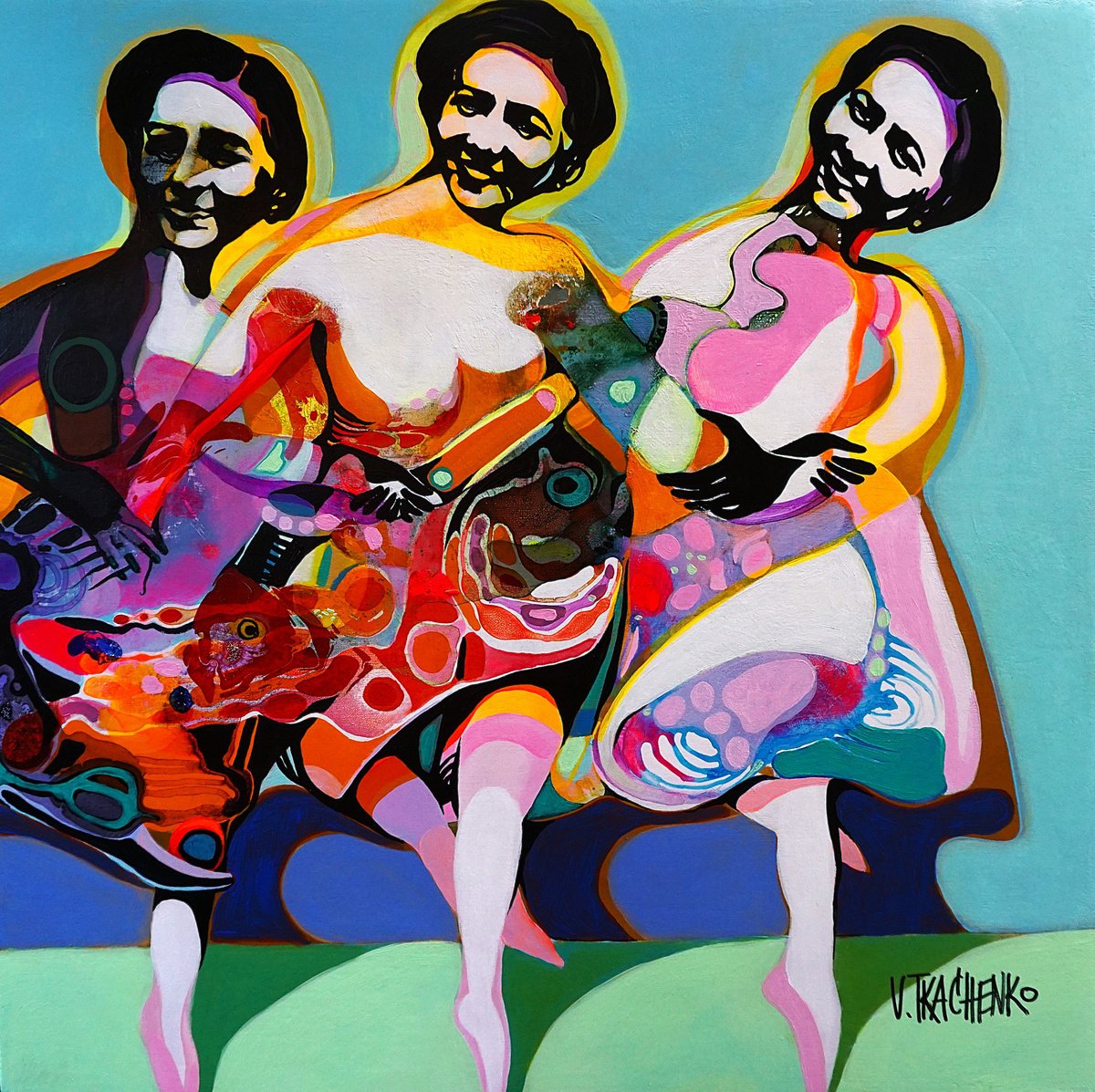 Organic Portrait Acrylic Painting By Victor Tkachenko, 24 X 24", Farwell Dancers, Original Artwork