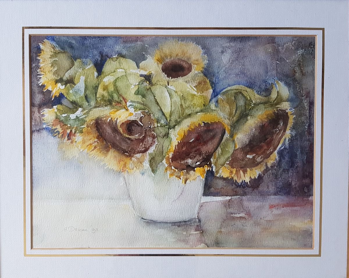 Impressionistic Botanical Watercolour By Els Driesen, 16 X 12, Old Sunflowers, Original Artwork