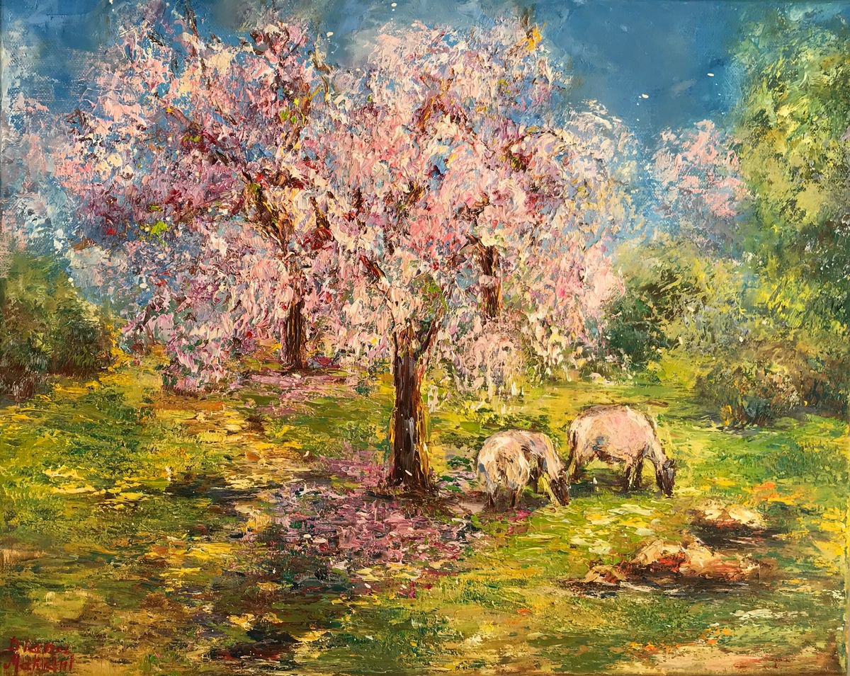 Impressionistic Landscape Oil Painting By Diana Malivani, 20 X 16, Under The Almond Tree, Original Artwork