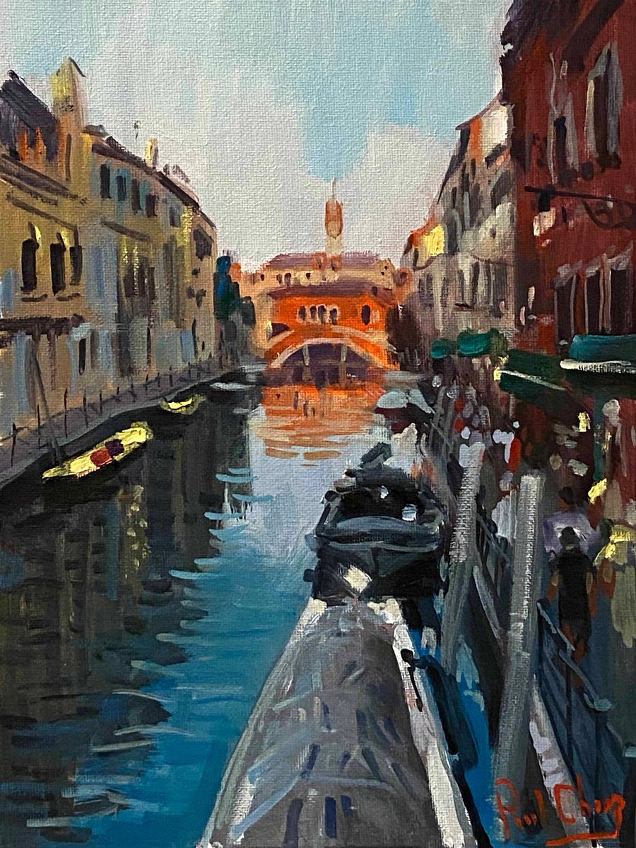 Impressionistic Cityscapes Oil Painting By Paul Cheng, 9 X 12", Venice Sunset #10, Original Artwork
