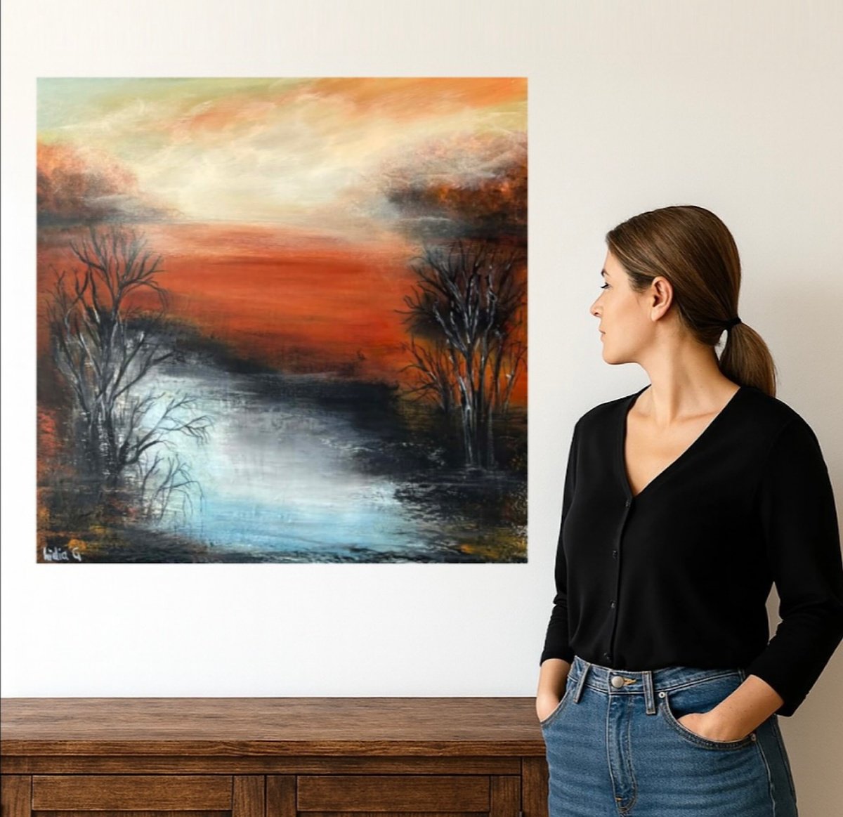 Abstract Landscape Acrylic Painting By Lidia Gaudiano, 24 X 24", Where The Sky Breaks, Original Artwork