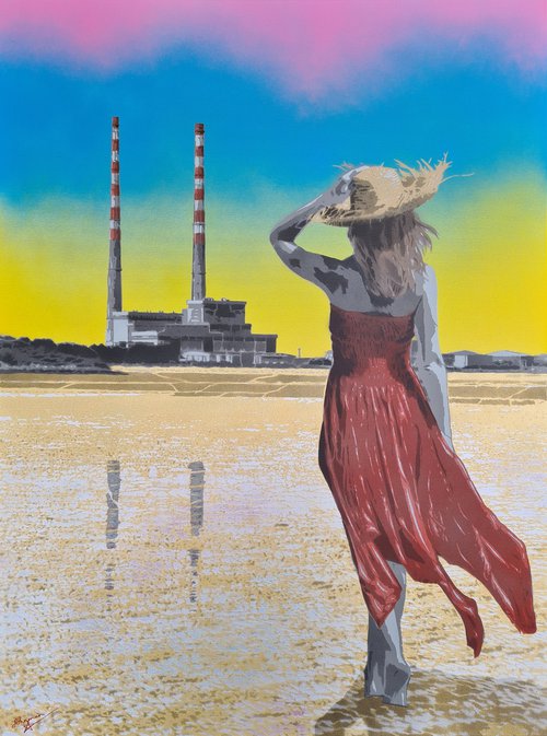 "Dreaming of Dublin / Poolbeg from Sandymount Strand" - Contemporary vibrant seascape / landscape. Spray paint Urban Graffiti Pop Art style artwork with Girl walking across Dublin Bay to the Iconic Pigeonhouses / Two Sisters / Poolbeg Chimneys / Towers. by Johnman