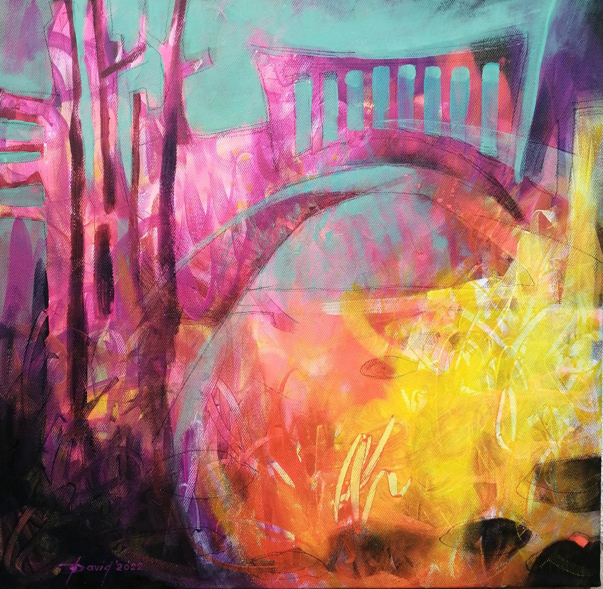 Expressive Landscape Acrylic Painting By Olga David, 21 X 21", Little Bridge In Forest, Original Artwork