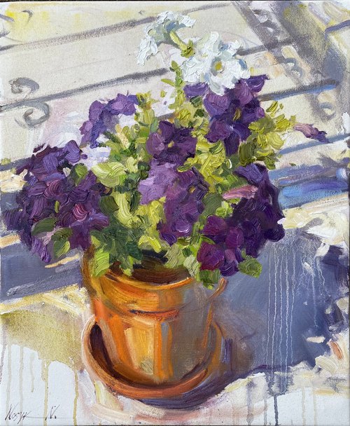 Violet flowers in Orange Pot by Nataliia Nosyk