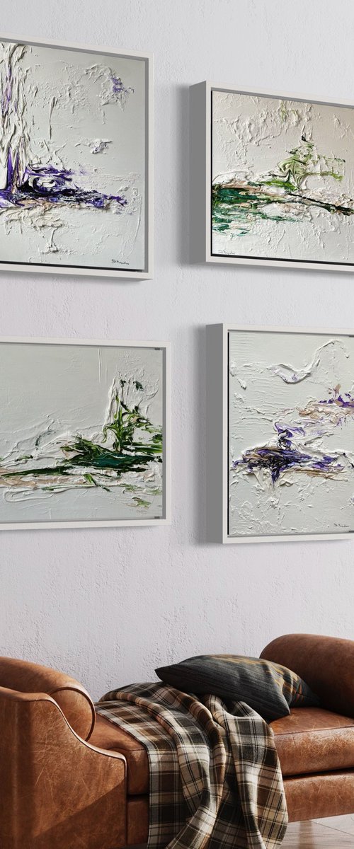 Hidden Light - 4 paintings- Purple, Green & White by Daniela Pasqualini