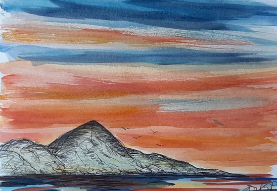 Sunset over Croagh Patrick - a watercolour and pen study