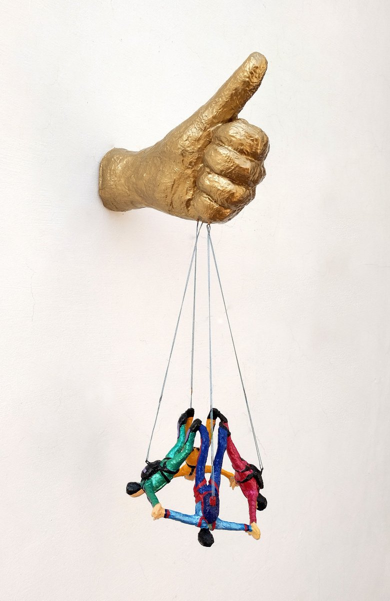 Surrealistic Abstract Sculpture By Shweta Mahajan, 3 X 14", Vertical Formation Skydiving, Original Artwork