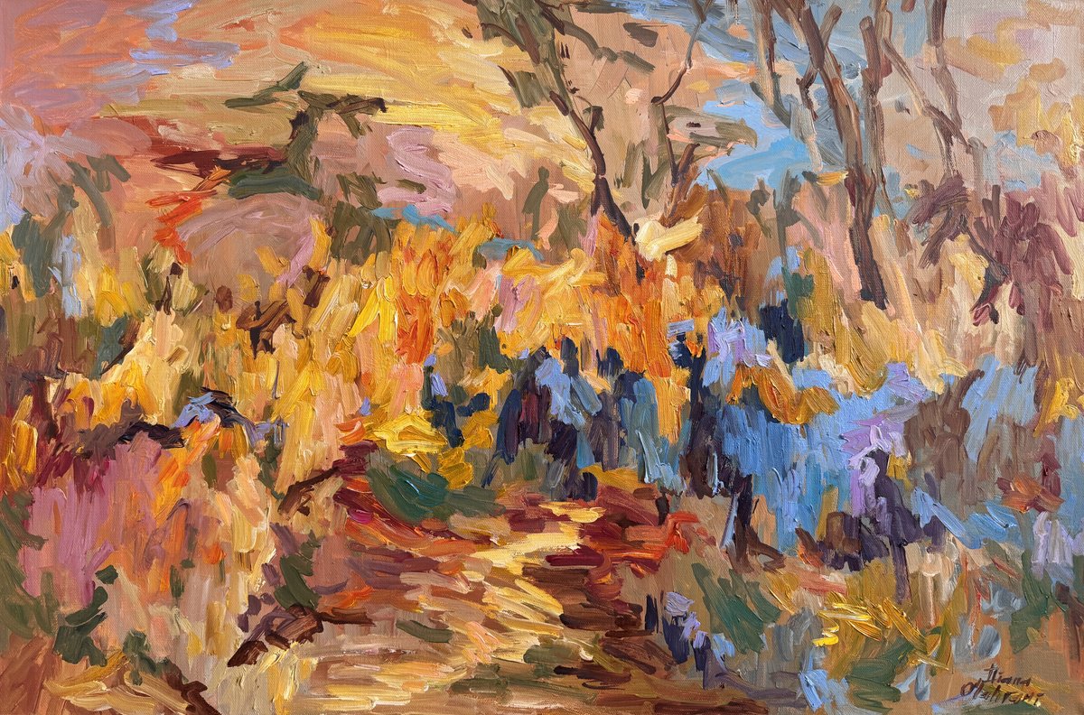 Abstract Oil Painting By Diana Malivani, 30 X 20, Iris Dans Les Jardins..., Original Artwork