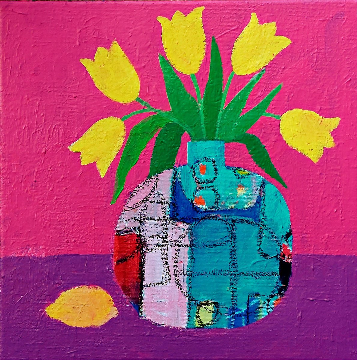 Naive Still Life Acrylic Painting By Jan Rippingham, 12 X 12, Yellow Tulips And A Lemon, Original Artwork